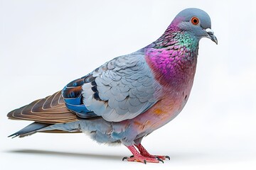 . A pigeon standing gracefully against a white background.