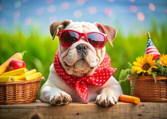 Adorable white English Bulldog puppy wearing red bandana and sunglasses, surrounded by summer props, sends happy labor day wishes with cute puppy eyes.