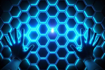 Darkness illuminated by vibrant blue neon hexagons in a mesmerizing grid pattern, radiating a futuristic aura with an otherworldly glow against a black backdrop.