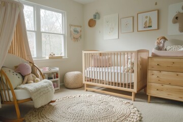 Cozy and Neutral Nursery with Rocking Chair and Crib