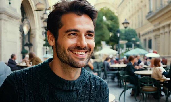 Medium shot portrait video of a grinning man in his 30s that is wearing a chic cardigan against a parisian or european cafe background