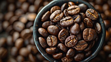 Fototapeta premium Black ceramic bowl overflows with aromatic roasted coffee beans, promising a flavorful start to the day. Perfect for a cozy breakfast or a visit to your favorite cafe