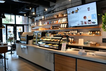 Modern Coffee Shop Interior with White and Wood Accents