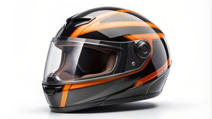 A sleek black motorcycle helmet with vibrant orange stripe and clear visor stands solo on a transparent background.