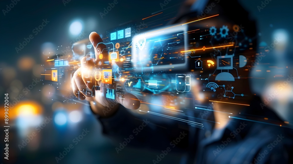 Poster man wearing vr headset controlling futuristic holographic display with hand gesture