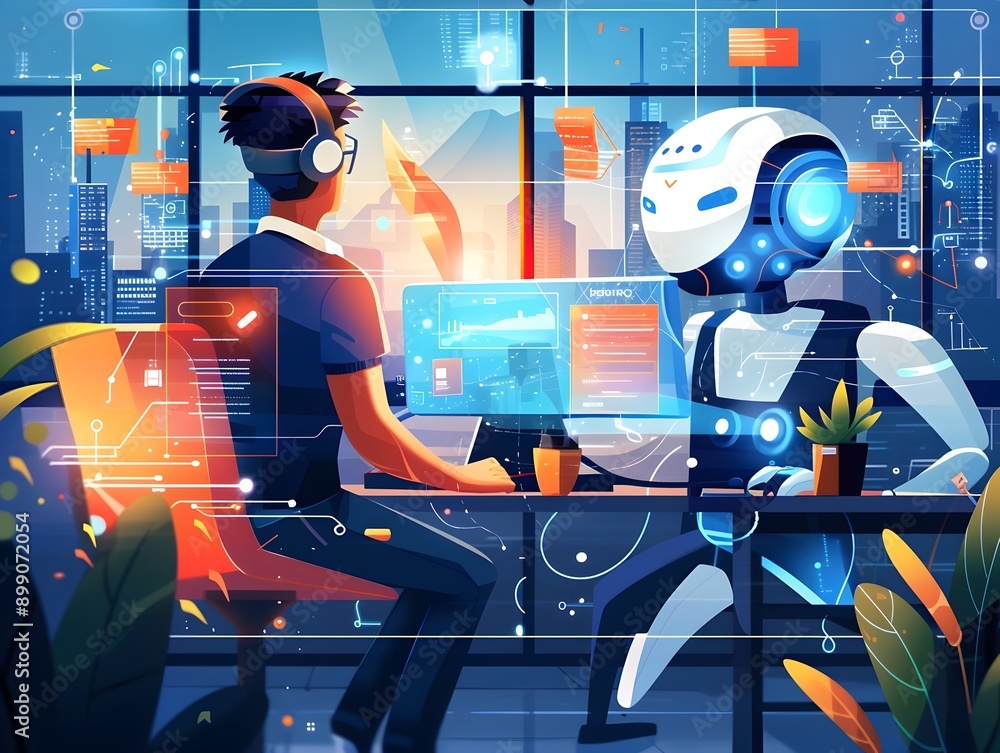Poster futuristic digital communication - person interacting with chatbot in imaginative workspace environm