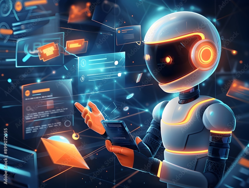 Poster futuristic robot chatbot interaction with imaginative digital overlays