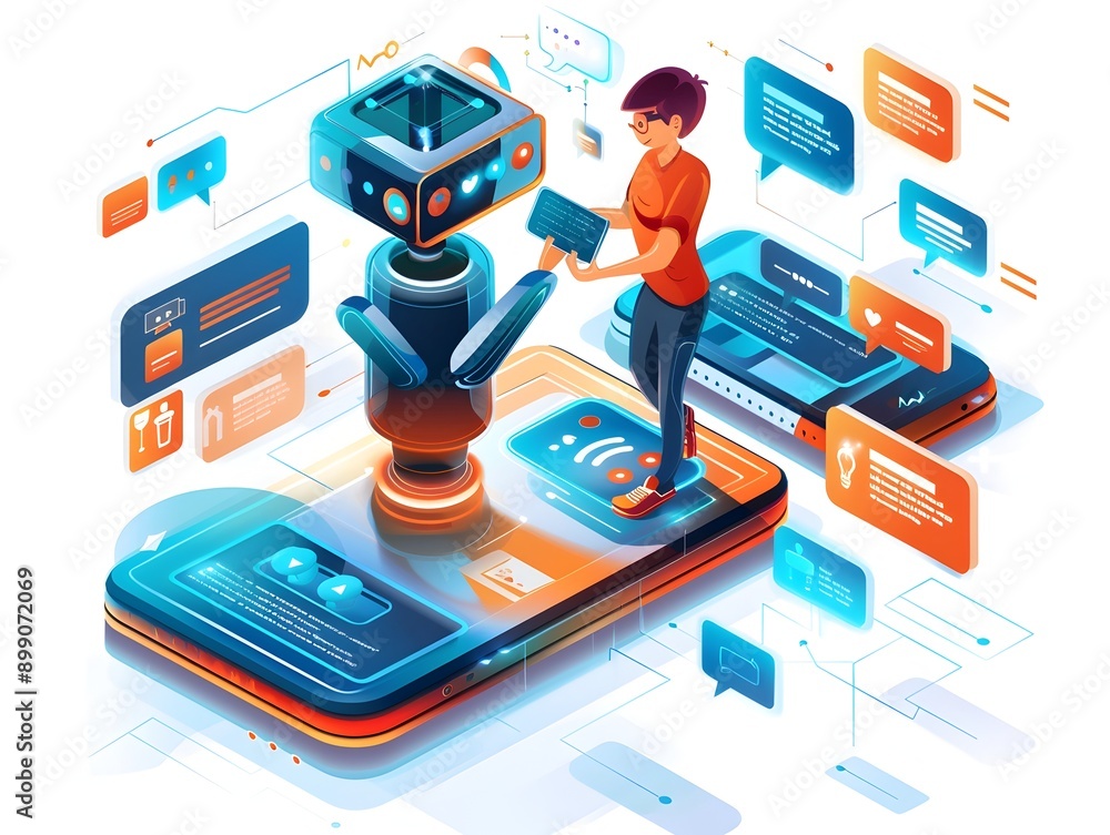 Poster innovative chatbot interaction visualized through immersive digital interface and graphic overlays