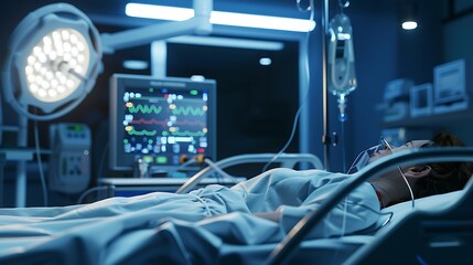 A realistic image of a patient lying on an operating table with a ventilator machine nearby