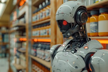 Fototapeta premium Robot managing inventory in a modern warehouse perfect for automation and high tech themes showcasing advanced robotics and efficient design