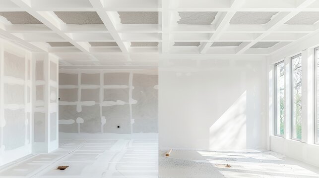Before and after images of a ceiling drywall repair project, emphasizing the transformation and quality of workmanship