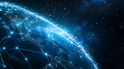 Futuristic World Map with Glowing Neon Lines and Global Connections.