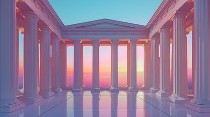 Fototapeta premium Minimalist Conceptual Depiction of a Courthouse Facade with Grand Pillars and Arches Against a Gradient Sky.