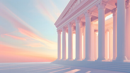 Obraz premium Minimalist Conceptual Depiction of a Courthouse Facade with Grand Pillars and Arches Against a Gradient Sky.
