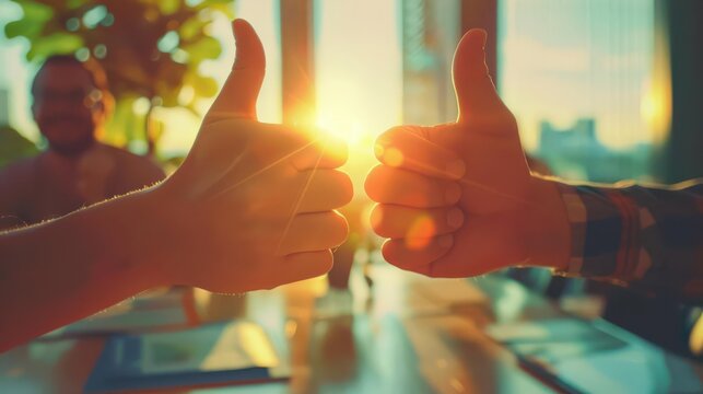 Thumbsup gestures in a collaborative office setting, sunlight filtering through windows, teamwork and positivity