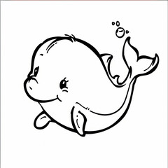 Cute black and white outline sketch of fish, dolphin, and whale silhouettes with exaggerated features and rough lines. Each drawing is isolated on a white background, not touching the canvas edges..