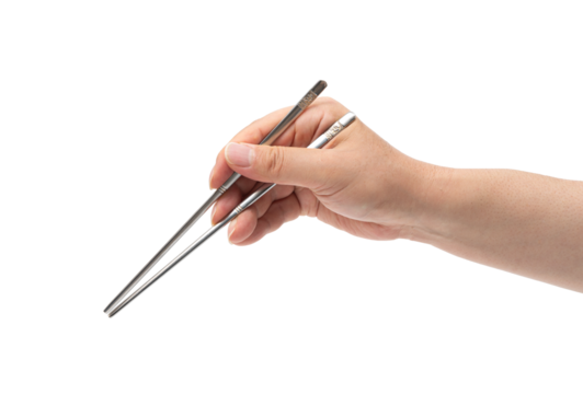 쇠 젓가락을 든 남성의 손 누끼(Close-up of a man's hand holding metal chopsticks)