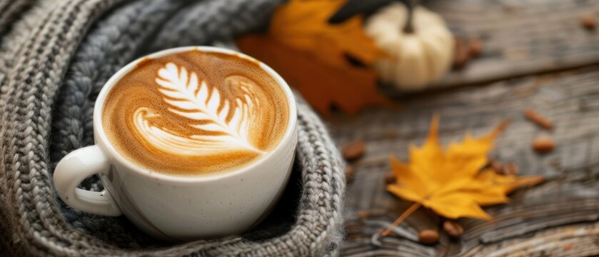 Warm autumn latte with leaf design, cozy knitted sweater, fall leaves, and coffee beans.