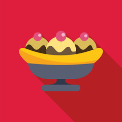 Ice cream dessert with banana slices and cherries served on an elegant plate