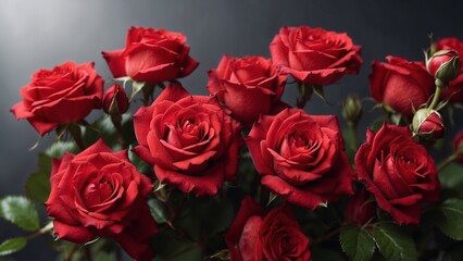 A bunch of bright red roses bloom vividly against a dark background, highlighting their beauty and romantic significance.