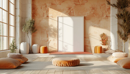 Contemporary yoga space soft ambiance with empty frame