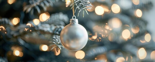 Silver Christmas ornament with a handwritten inscription hanging on a Christmas tree branch.