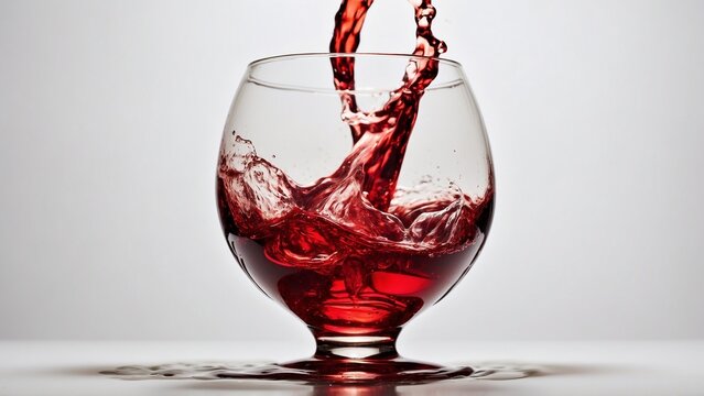 A vibrant splash of red wine is being poured into a rounded glass goblet, highlighting luxury and elegance.