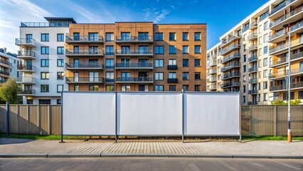Urban residential apartments backdrop with blank template on fenced construction hoarding awaiting commercial advertisement in outdoor advertising space.