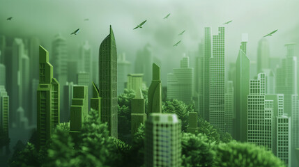 Futuristic Green Cityscape with Eco-Friendly Skyscrapers and Lush Vegetation..