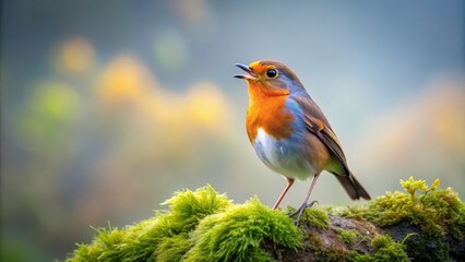Vibrant red-breasted European Robin perched on moss-covered stone wall, singing sweet melodies in a serene, misty forest atmosphere.