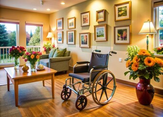 Warm and cozy interior of a senior living facility, decorated with flowers and photos, featuring a vacant wheelchair and empty seating area with a sense of joy and companionship.