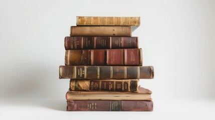 A stack of antique books on a plain white background