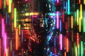 Fototapeta premium Digital face with colorful neon lights perfect for technology and cyberpunk themes showcasing intricate details and modern aesthetics