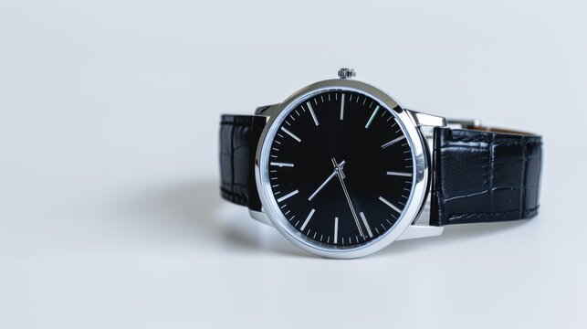 A stylish wristwatch with a sleek leather strap, isolated on a plain background, ample copy text space for advertising, precise and elegant design