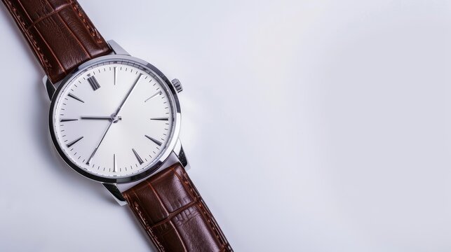 A stylish wristwatch with a sleek leather strap, isolated on a plain background, ample copy text space for advertising, precise and elegant design