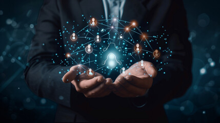 Obraz premium Hands Holding Digital Sphere Representing Global Social Network
