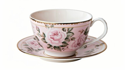 Fototapeta premium A vintage porcelain teacup adorned with hand-painted pink roses, displayed on an isolated background, highlighting its timeless beauty