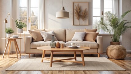 Warm beige loveseat sofa paired with rustic round coffee table amidst minimalist Scandinavian farmhouse living room decor.
