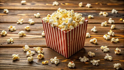 Vibrant striped box overflowing with fluffy white popcorn, surrounded by scattered kernels on a rustic wooden table background.