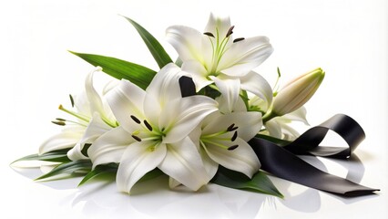 Obraz premium Elegant arrangement of white lilies and black funeral ribbon against a pristine white background, symbolizing reverence and mourning.