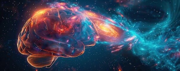 Obraz premium A creative mind visualized as a glowing brain with swirling galaxies, abstract, vibrant colors, surrealism, innovative, cosmic imagination