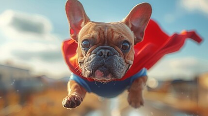 French bulldog puppy in a superhero costume joyfully soaring through the sky. Radiating power and strength with a playful demeanor. Cute and courageous. Capturing a comic book hero brought to life