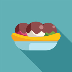 Banana split dessert served on a plate, featuring scoops of ice cream topped with chocolate sauce