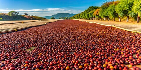 Coffee beans drying on a sunny plantation field , dried coffee cherry, natural process, sun dried, coffee farming, agriculture