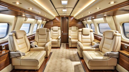 Obraz premium Luxurious spacious cabin with cream leather seats, polished wood accents, and intricate metal fixtures, set against a soft warm beige backdrop.