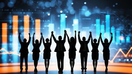 Celebratory Team Silhouette with Futuristic Data Background