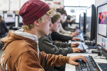 Young Man Concentrated on Computer Work