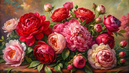 Vibrant petals of red peonies and pink roses dance across a soft, aged canvas in a stunning oil-painted masterpiece.