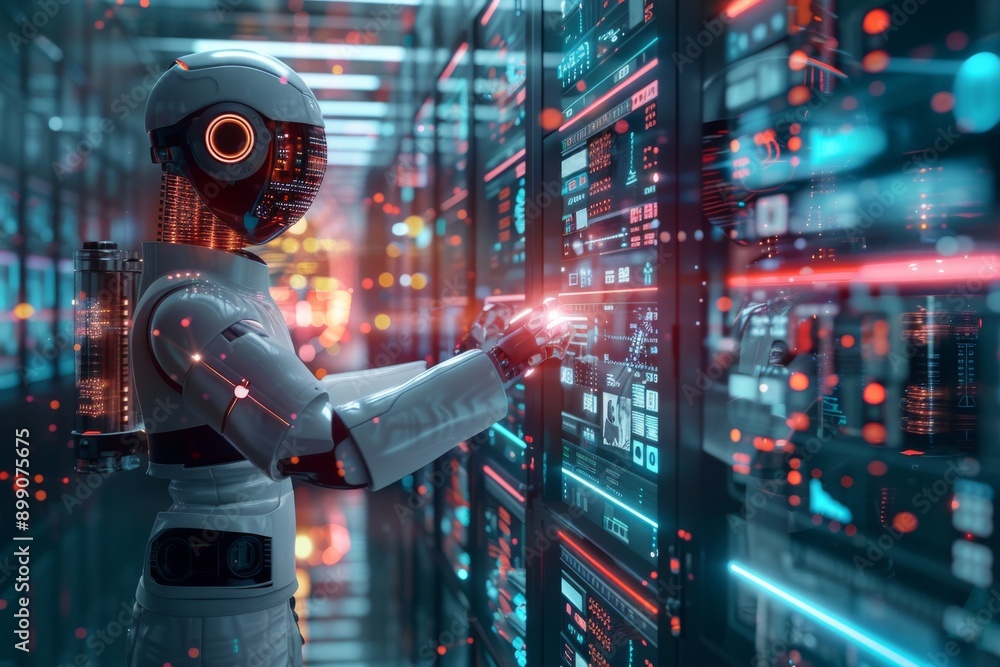 Poster robot interacting with digital interface in a neon lit environment perfect for high tech and futuris