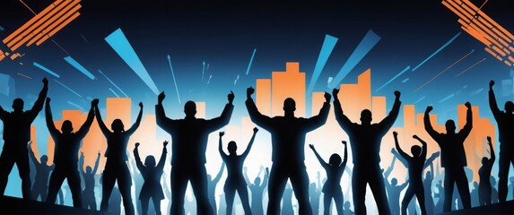 Celebratory Team Silhouette with Futuristic Data Background